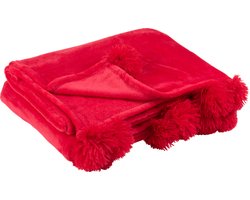 J-Line Plaid Pompom - fleece deken - polyester - fushia - 170 x 130 cm - woonaccessoires