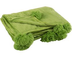 J-Line Plaid Pompom - fleece deken - polyester - grasgroen - 170 x 130 cm - woonaccessoires