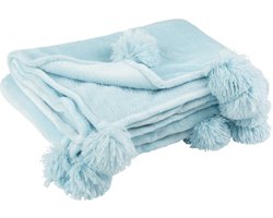 J-Line Plaid Pompom - fleece deken - polyester - hemelsblauw - 170 x 130 cm - woonaccessoires