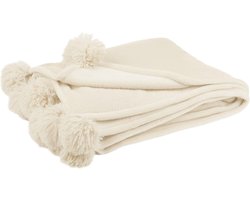 J-Line Plaid Pompom - fleece deken - polyester - licht beige - 170 x 130 cm - woonaccessoires
