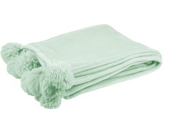 J-Line Plaid Pompom - fleece deken - polyester - licht groen - 170 x 130 cm - woonaccessoires