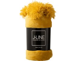J-Line Plaid Pompom - fleece deken - polyester - oker - 170 x 130 cm - woonaccessoires