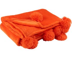 J-Line Plaid Pompom - fleece deken - polyester - oranje - 170 x 130 cm - woonaccessoires