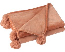 J-Line Plaid Pompom - fleece deken - polyester - perzik - 170 x 130 cm - woonaccessoires