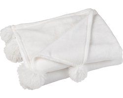 J-Line Plaid Pompom - fleece deken - polyester - wit - 170 x 130 cm - woonaccessoires