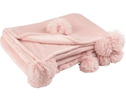 J-Line Plaid Pompom - fleece deken - polyester - zachtroze - 170 x 130 cm - woonaccessoires