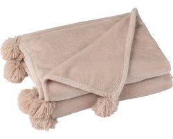 J-Line plaid Pompom - polyester - donkerbeige - 170 x 130 cm