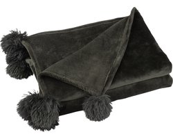 J-Line plaid Pompom - polyester - zwart - 170 x 130 cm
