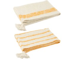 J-Line plaid Strepen + Kwasten - katoen - wit/oranje - 2 stuks