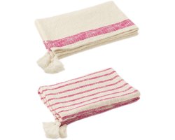 J-Line plaid Strepen + Kwasten - katoen - wit/roze - 2 stuks