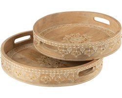 J-Line plateau met 2 handvaten Kralen - hout - naturel/wit - 2 stuks