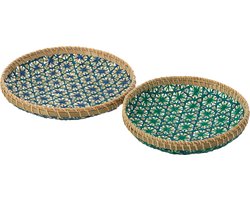 J-Line plateau Mozaïek Patroon - bamboe - donkerblauw/watergroen - set van 2