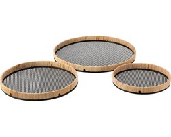 J-Line plateau Rond Rotan - dienblad - metaal - zwart/naturel - 3 stuks