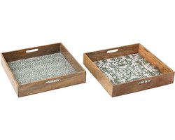 J-Line plateau Vierkant - hout - groen/wit - set van 2