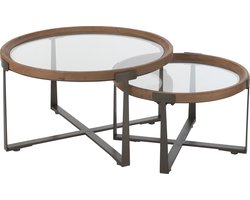 J-Line salontafel Luki - glas/spar hout - naturel/zwart - 2 stuks