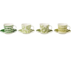 J-line - Set 4 Tassen + Schotel Doos Keramiek Groen Large - 13.8x13.8x7.5cm