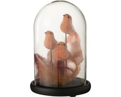 J-line - Stolp 3 Vogels+pluimen Glas Roze/bordeaux - 17.5x17.5x26cm