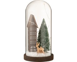 J-line - Stolp Hoog Led Huis Glas/hout Dark Brown/green Large - 14x14x27cm