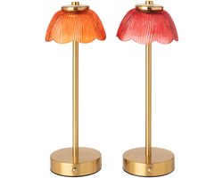 J-Line Tafellamp bloem - stof - oranje/donkerroze - assortiment van 2