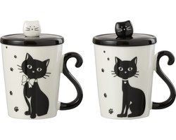 J-Line tas + deksel + lepel Print Kat - porselein - wit/zwart - 2 stuks - giftbox