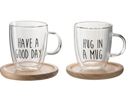 J-Line tas Op Voet Tekst - glas/hout - transparant/zwart/naturel - 2 stuks