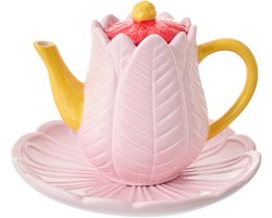 J-Line theepot Bloem - porselein - donkerrood/warmgeel