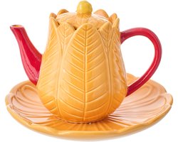 J-Line theepot Bloem - porselein - oranje/lichtroze