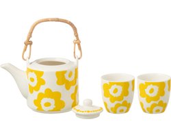 J-Line theepot Bloemen - keramiek - geel - doos van 3 stuks
