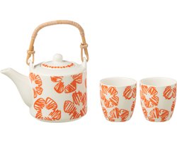 J-Line theepot Bloemen - keramiek - oranje - doos van 3 stuks