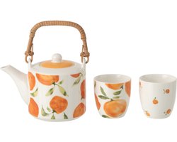 J-Line theepot + kopje Oranje - keramiek - wit/oranje