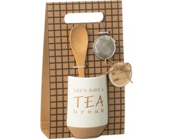 J-Line theetas + lepel + theebal 'Tea Break' - keramiek - wit - giftbox
