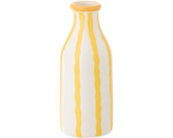 J-Line vaas Fles Gestreept Dolomiet - keramiek - wit/lichtgeel - 2 stuks