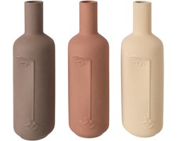 J-Line vaas Fles + Gezicht - porselein - ecru/bruin - 3 stuks