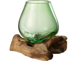 J-Line vaas op voet Gamal - hout/glas - naturel/groen - small - 17 cm hoog