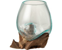 J-Line vaas op voet Gamal - hout/glas - naturel/transparant - small - Ø 10 cm