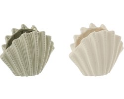 J-Line vaas Schelp - keramiek - wit/olijfgroen - small - 2 stuks