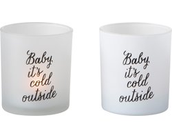 J-Line windlicht Baby - glas - wit/zwart - small - 2 stuks