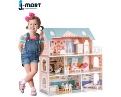 J-Mart Houten Poppenhuis met 3 Verdiepingen - Poppenhuis met 5 Kamers en Balkon - Incl. 28 Meubels (Zie foto) - 61 x 23.5 x 65 cm