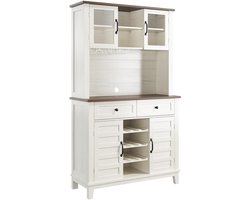 J1 Barkast met Glazen Deuren – Elegante 4-Deurs Kast met Laden – Bruin/Wit Contrast Opbergkast voor Woonkamer, Keuken en Eetkamer – Hoge Vitrinekast met Verstelbare Planken