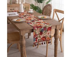 Jacquard Tafelloper - Bloemen Tafelkleed - Eettafel Decoreren - Vintage Bloemenpatroon - 33x240 cm - Zwart en Roze