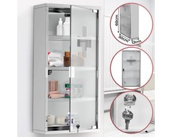 Jago - Afsluitbare Medicijnkast met 4 Vakken en een Glazen Deur met een stalen constructie - Medicijnkast/EHBO kast/Apotheekkast - 30x12x60 cm - Zilver