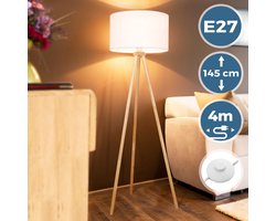 Jago - Staande lamp op Driepoot/Statief met Houten Statief en Stoffen Lampkap - 145 cm - Diameter 45cm - Scandinavische Stijl - Vloerlamp voor Woonkamer/Slaapkamer/Kantoor - E27/Max 60W - Crème