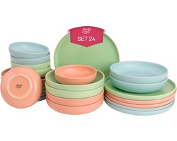 James Cooke - Bliss - Serviesset - 6 persoons - 24 delig - Roze/Groen/Lichtblauw - Stoneware - Bordenset