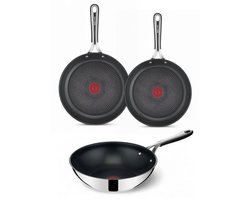 Jamie Oliver by Tefal Kitchen Essentials Pannenset - Koekenpannen Ø24/28cm + Wokpan Ø28cm - RVS - Siliconen Handgreep - Inductie