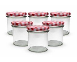 Jampotten - inmaak - glazen potten 346 ml met twist-off deksel (rood/wit geblokt) 6 stuks incl. recepten