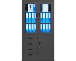 JAN NOWAK - Kantoorvitrine WIOLA - Metalen Opbergkast met vitrinekast, opbergvak en 4 lades - Antraciet