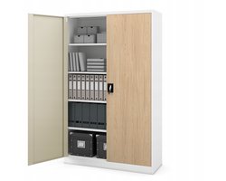 JAN NOWAK - Metalen kantoorkast JAN II - Opbergkast met 2 deuren en slot - Wit / Eiken Sonoma