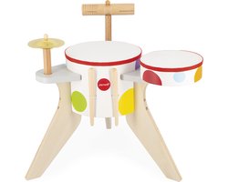 Janod Confetti - Drumstel - Voor Kleine Muzikanten! - Drumstel Op 3 Houten Poten - Met 4 Activiteiten: Een Trommel, Een Tamboerijn, Een Cimbaal En Een Güiro (Een Houten Schraper) - Inclusief 2 Drumstokjes - Geschikt Vanaf 3 Jaar