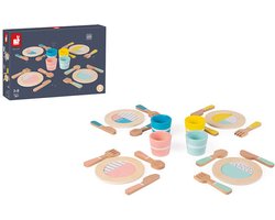 Janod - Houten Servies - Poppen Theeset - Eetset Voor 4 Personen - 20-Delige Set - Geschikt Vanaf 3 Jaar