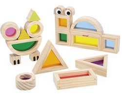 Janod Sensorisch - Doorschijnende Blokkenset - Bestaat uit 12 Geometrische Blokken Met Transparante Stukken In Het Midden - Inclusief 6 Modelkaarten Voor Het Maken Van De Leukste Personages En dieren - Educatief Speelgoed - Geschikt Vanaf 1 Jaar